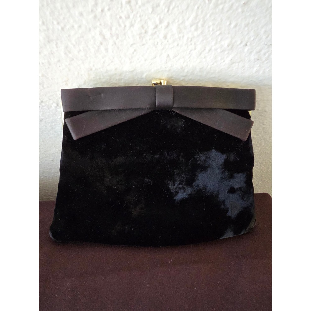 Vintage Black Velvet Evening Clutch Bag Gold Tone Frame Bow Accent Kiss Lock